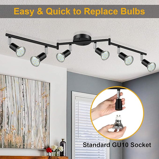 Ascher 6-Light LED Track Lighting Kit, Flexibly Rotatable Light Heads, 6 Way Ceiling Spotlight Black Finish, Including 6 GU10 LED Bulbs (4W 400LM Daylight White 5000K)
