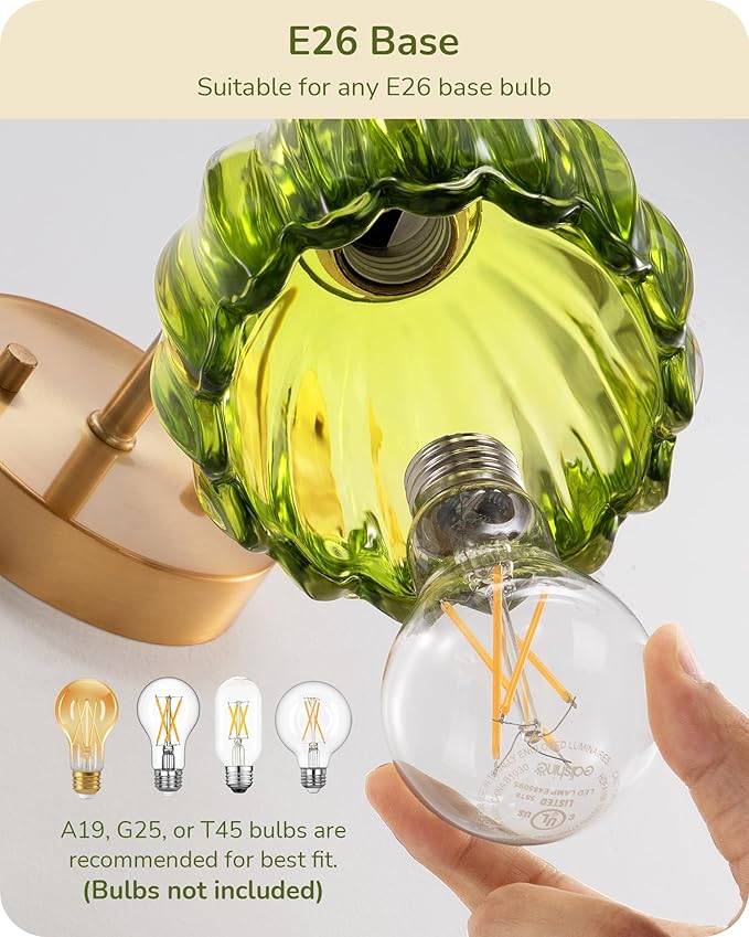 EDISHINE Hardwired Wall Sconces Set of Two, Vintage Wall Lighting Fixture with Green Tulip Glass Lampshade 180 Degree Adjustable, Brass Gold Wall Lamp for Bedroom Living Room Hallway Bathroom
