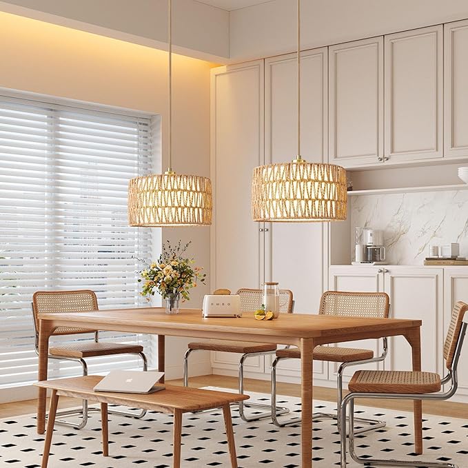 Plug in Pendant Light Rattan Hanging Lights with Plug in Cord, Woven & Fabric 2 in 1 LampShade, Hanging Lamp Plug in for Bedroom Living Room Kitchen Island (Bulb Included)