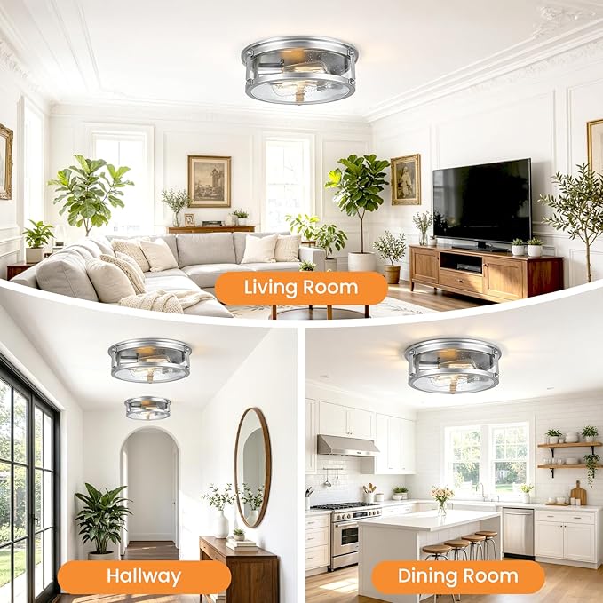 Flush Mount Ceiling Light, 2-Light Metal Cage Ceiling Light Fixture, Brushed Nickel Flush Mount Light with Seeded Glass Shade for Kitchen, Hallway, Bedroom (12 Inch)