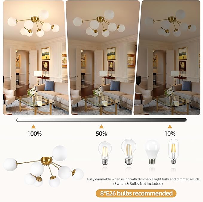 8 Light Mid Century Modern Ceiling Light Semi Flush Mount Ceiling Light Fixture Globe Lights Sputnik Chandelier with Milk Glass Shade Brushed Brass Finish for Bedroom Hallway Living Room