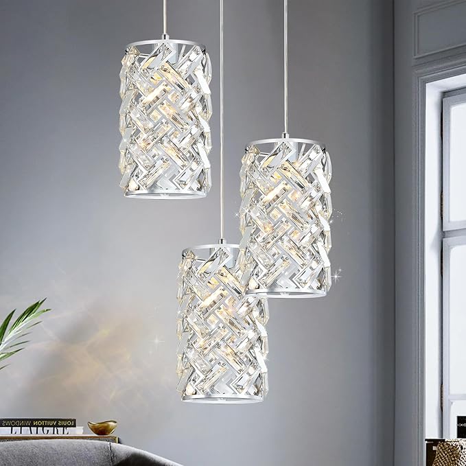 CATINER 3-Light Modern Crystal Pendant Light, Chrome Mini Chandelier – Adjustable Cluster Pendant Lighting Fixture for Kitchen Island, Dining Room, Bedroom, Hallway, Porch