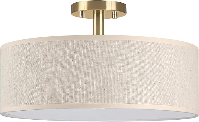 3 Light 15 Inch Semi Flush Mount Close to Ceiling Light Fixture,Off White Fabric Shade Gold Finish for Bedroom,Living Room,Dining Room Hallway