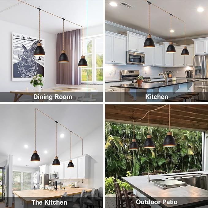 3-Light Plug in Pendant Light 22FT Industrial Hanging Lamp with Twisted Hemp Rope Independent Triple Switch Hanging Light Chandelier for Dining Room Kitchen, Black Finish