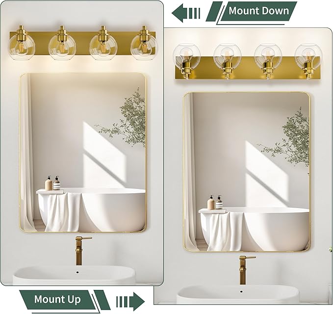 Espird 4 Light Bathroom Light Fixtures-Brushed Gold Bathroom Vanity Lights, Modern Vanity Lights 4-Light Bathroom Lighting Fixtures Over Mirror with Clear Glass Globe Shade