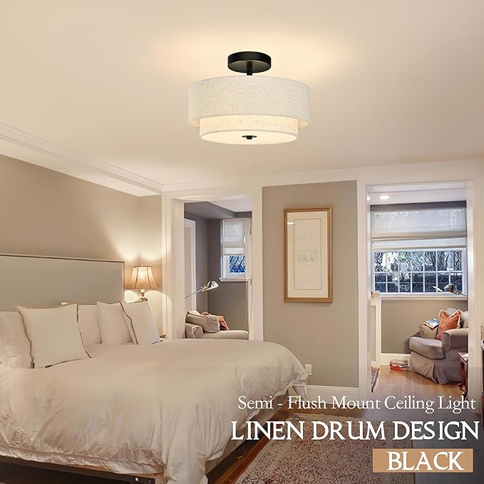 2 Light Semi Flush Mount Ceiling Light Fixture 12.6 Inch Modern Black Drum Ceiling Light Fixture with 2-Layer Fabric Shade Dimmable Close to Ceiling Light for Living Room Hallway Bedroom Entryway