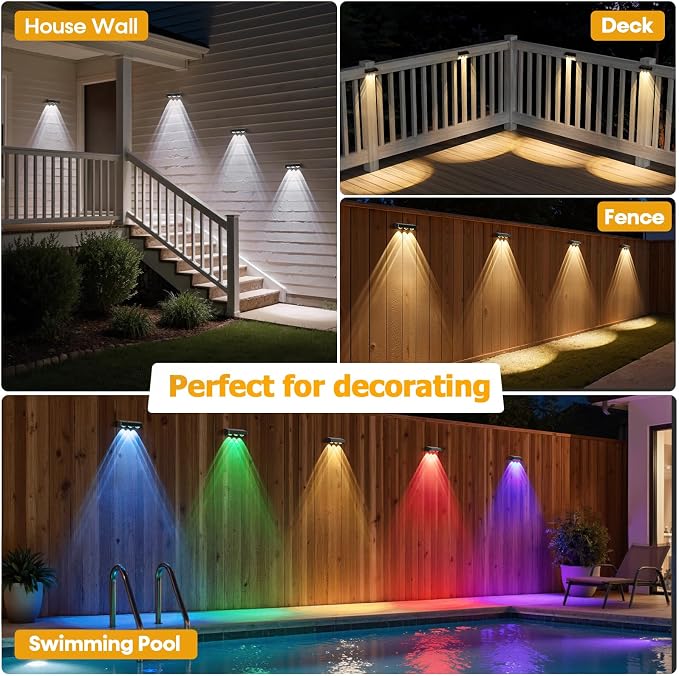 NIORSUN Solar Fence Lights,8 Pack Solars Deck Light,RGB Color,Outdoor Bulb Waterproof Led IP65,Power Patio Lamp with Lenses for Outside/Backyard/Railing/Yard(Black)