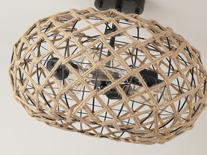 3-Light Large Coastal Woven Flush Mount Ceiling Light Fixture 17.7 inch Boho Rustic Handmade Hemp Rope Round Cage Semi Flush Mount Ceiling Lighting for Bedroom Entry Farmhouse Hall Beach, Black