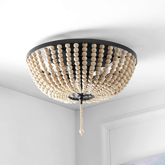 JONATHAN Y 15" Oil Rubbed Bronze/Cream Allison 3-Light LED Flush Mount Ceiling Light for Bedroom, Wood Beaded Shade Shabby Chic Farmhouse Rustic Decor, LED Bulbs Included (JYL9019B)