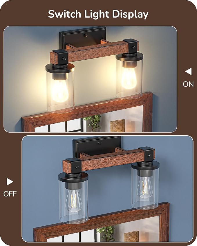 EDISHINE Farmhouse Vanity Lights for Bathroom, 2-Light Bathroom Vanity Light Fixtures Over Mirror, Painted Wood Bath Wall Sconces Lamp with Clear Glass Shade for Bedroom, Powder Room