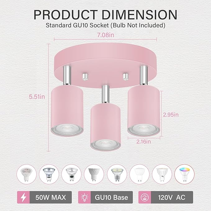 3 Light Track Lighting Fixtures Ceiling, Pink Round Directional Spotlight Fixtures, GU10 Flush Mount Ceiling Fixture, Adjustable Modern LED Track Light for Girl's Room, Bulb Not Included