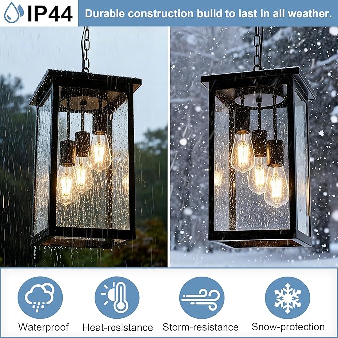 TODOLUZ 3-Lights Large Outdoor Pendant Light, Black Porch Ceiling Lighting Fixtures with Seeded Glass Panel, Exterior Hanging Lantern Adjustable Chain for Yard Entryway Patio