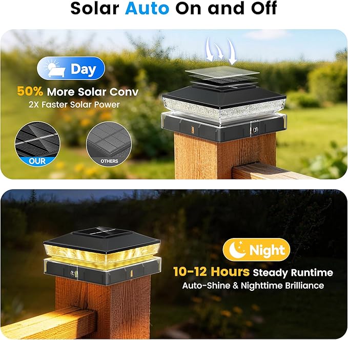 Solar Post Cap Lights 16 Pack, IP65 Waterproof Outdoor Fence Post Solar Lights for 3.5x3.5 & 4x4 Wood/Vinyl Posts, 10-12 Hours Upgraded Warm/Cool White Glow for Garden/Patio/Porch - Black