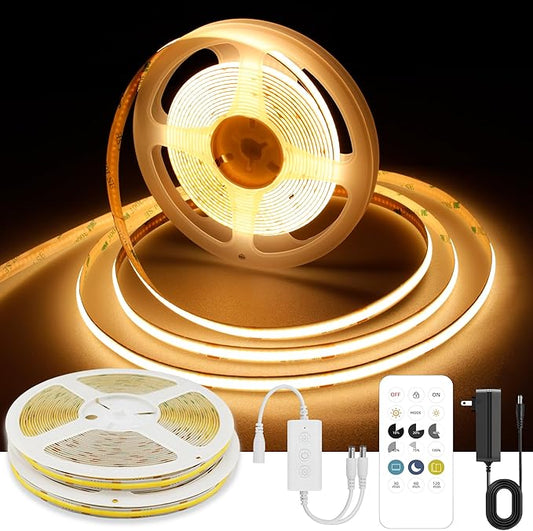 AXMOTUT 65.6ft COB LED Strip Light Warm White, High Bright LED Strips with 320LEDs, RF Remote and UL Power Supply, 2700K Dimmable LED Lights for Bedroom,Kitchen, DIY Home Decoration, 2 Rolls of 32.8ft