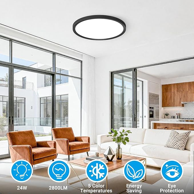 8 Pack LED Flush Mount Ceiling Light,12Inch 24W,3000K/3500K/4000K/5000K/6500K 5 Color Temperatures Ceiling Light Fixture for Kitchen Porch Hallway Bedroom Bathroom and Closet,Black
