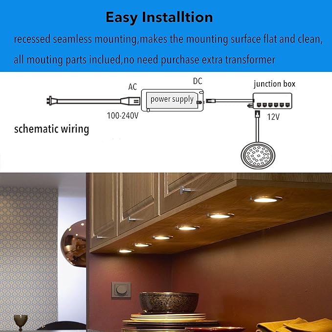 Under Cabinet Lighting Dimmable LED Puck Lights,Recessed Mount,12V Low Volt,60mm Cutout Haolgen Bulb Replace,Small Puck Light Plug in for Curio,Book Case,Display Shelf,6000k Cold White,6pcs
