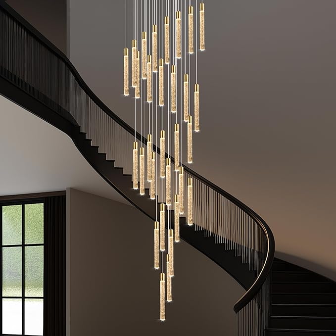 30-Light Gold High Ceiling Chandeliers Modern Crystal Chandeliers for Entryway Long Spiral LED Dimmable Chandelier Flush Mount Ceiling Staircase Foyer Living Room Ceilings Light Fixture