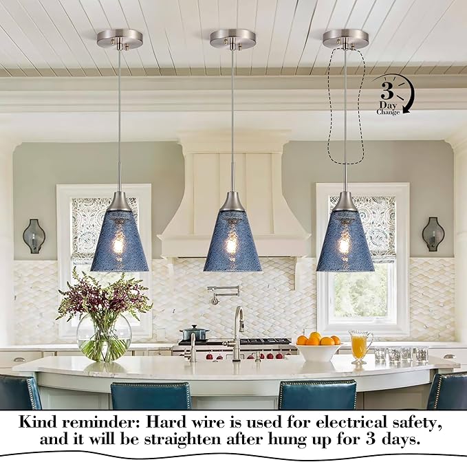 Viinew Mini Glass Pendant Light,5.9" Horn Shape Dark Blue Glass Hanging Light,1-Pack Handblown Clear Blue Seeded Shade Adjustable Cord Ceiling Light Fixture for Kitchen Island Sink