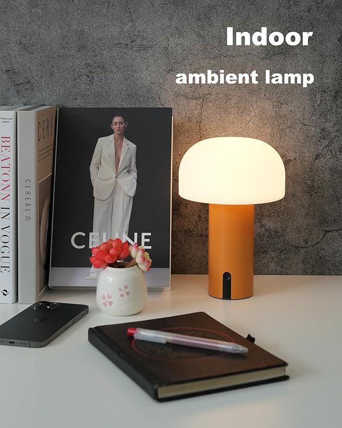 WEILAILUX Cordless Mushroom Table Lamp, Waterproof Shower Lamp, Battery Operated Table Lamp Rechargeable, Touch Dimmable Night Light for Bedroom/Patio/Camping/Dinning/Outdoor (Orange)