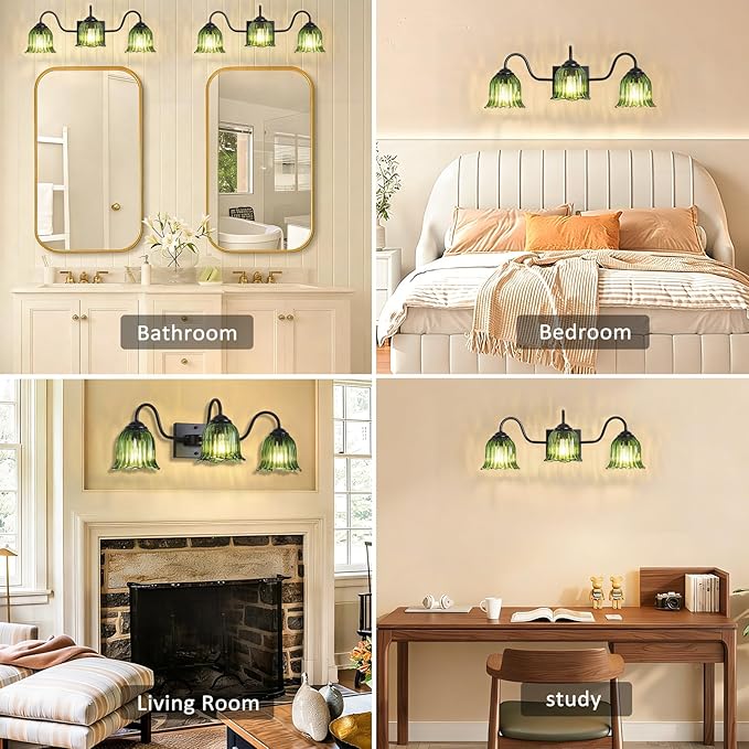 Vintage Bathroom Light Fixture, Black 3-Light Vanity Light Fixtures with Crystal Green Shades, Matte Vanity Lighting Fixture Modern Wall Sconces for Bedroom Dressing Room Living Room