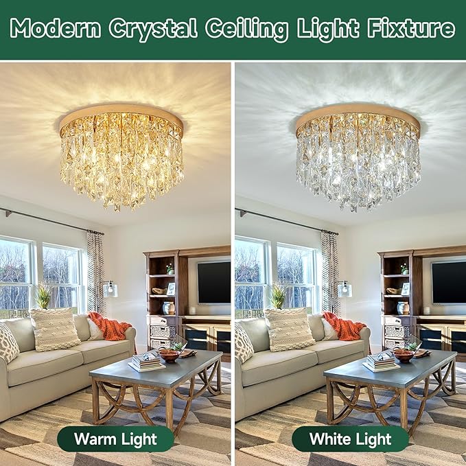 YMP&YZX Crystal Ceiling Light Fixture Flush Mount,15.7" French Gold Modern Crystal Chandelier with E12 Base Ceiling Lights for Bedroom Living Dining Room Hallway Closet Light Fixture 5-Light