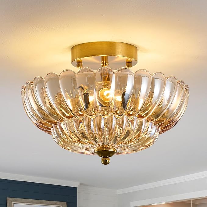 Semi Flush Mount Ceiling Light Fixture, 12" Vintage Gold Ceiling Light with Amber Glass Shade, 3-Light Close to Ceiling Light for Hallway Entryway Bedroom Kitchen, Mid Century Modern
