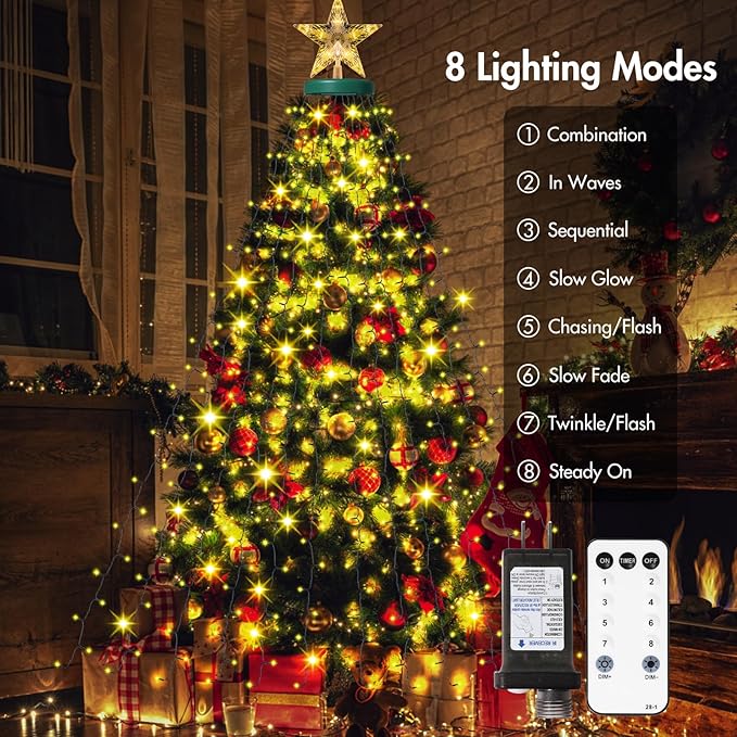 Christmas Lights with Star Topper, 410LED String Lights with Ring for Tree, 6.6FT x 16 Lines Fairy Lights with 8 Modes for Indoor Outdoor Xmas Decor, Warm White