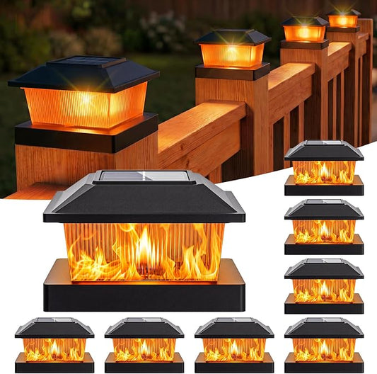 btfarm 4x4 Solar Flame Post Cap Lights, 8 Pack Fence Deck Post Lights Outdoor Solar Powered Waterproof, Fits 4x4 3.5x3.5 Wooden & Vinyl for Porch Patio Yard(Flickering Flame, Black)