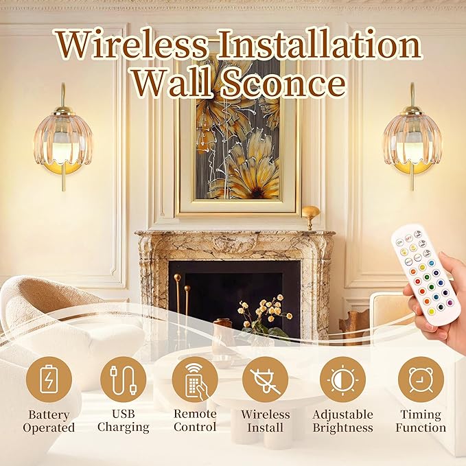 Vintage Battery Wall Sconce with Flower lampshade,Rechargeable Battery Powered Wall Lights,Wall lamp with 15 Colors for Bedroom Living Room Home Decor (Amber Tulip, 2 Light Battery Operated)