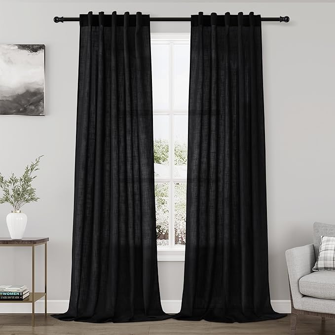Black Linen Curtains 90 inches Long for Bedroom Back Tab Light Filtering Privacy Sheer Black Curtains Modern Farmhouse Coastal Decor Black Cotton Textured Gauze Curtain 2 Panel Set 38x90