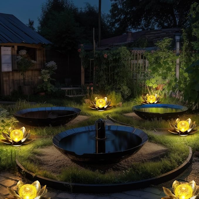 VIHOSE 4 Pcs Lotus Solar Light Outdoor LED Waterproof Art Globe Glass Decoration Outdoor Table Decor Garden Gifts Decorative Crackle Globe Glass Metal Lotus Flower for Patio Lawn(Silver)