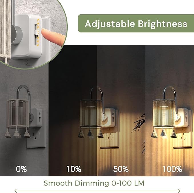 L LOHAS LED Night Lights Plug into Wall, Boho Fabric Cylinder Night Light with Tassel, 0-100LM Dimmable Night Lights, Dusk to Dawn Sensor, Vintage Nightlight for Bedroom, Living Room, Hallway