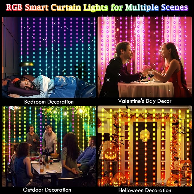 Smart Curtain Lights RGB Color Changing Christmas Curtain Lights, USB Powered with Remote/APP Control Curtain String Lights Waterproof for Backdrop,Bedroom,Window,Patio,Wedding,Decoration (8Ft x 6Ft)