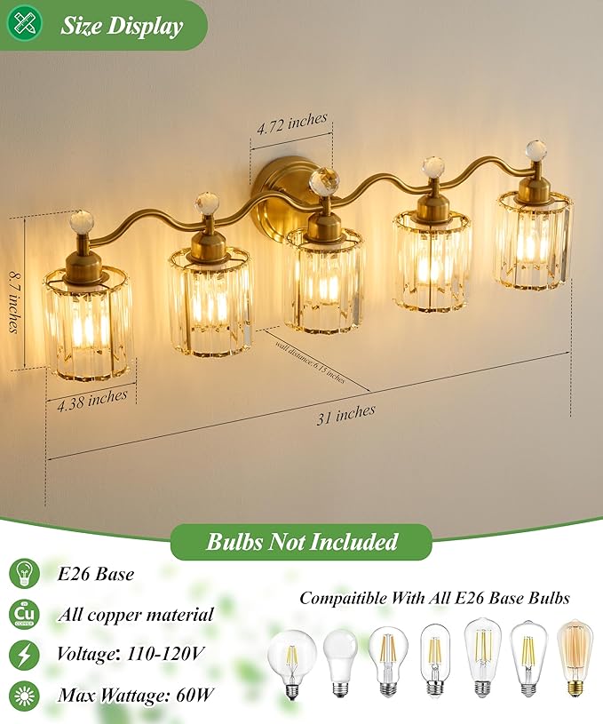 Bathroom Vanity Light Fixtures 5-lights, Gold Crystal Vanity Lights for Bath, Bathroom Lights Fixture with Clear Crystal Glass Shade, Modern Wall Light over Mirror, Wall Sconces Light for Hallway
