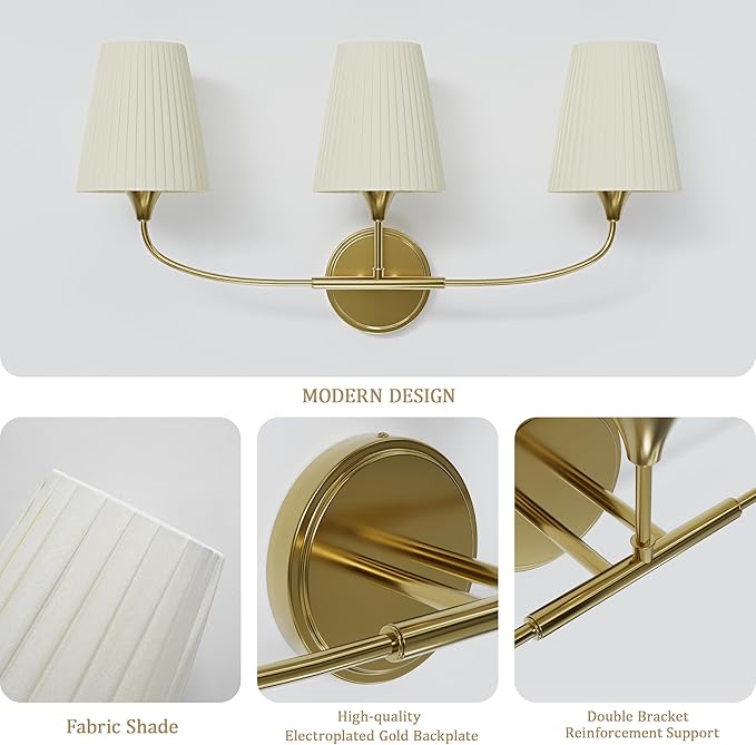 Bathroom Light Fixtures Over Mirror, 3 Light Vanity Light for Bathroom, Gold Vanity Light Fixtures with Flared Ivory White Fabric Shade, E26 Socket Modern Sconce Wall Decor(ETL Listed)