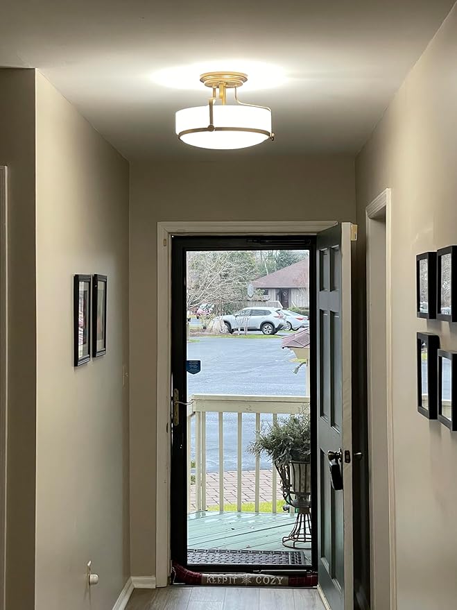 Hinkley Harper Medium Semi-Flush Mount Ceiling Light for Kitchen, Bedroom, Bathroom, and Hallway, Sleek, Retro Style Heritage Brass and Etched Opal Glass
