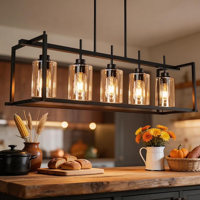 DSMJFU Matte Black Farmhouse Dining Room Lighting Fixture, 5-Light Linear Pendant Lighting, Rectangle Kitchen Light with Amber Glass Shades, Adjustable Height Rectangle Hanging for Kitchen Table