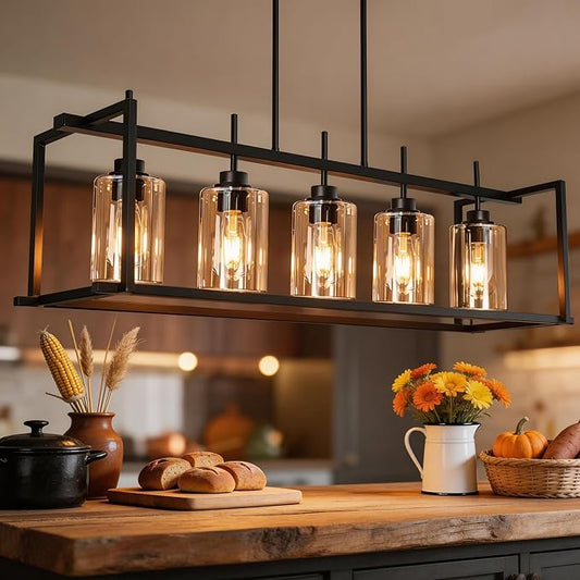 DSMJFU Matte Black Farmhouse Dining Room Lighting Fixture, 5-Light Linear Pendant Lighting, Rectangle Kitchen Light with Amber Glass Shades, Adjustable Height Rectangle Hanging for Kitchen Table