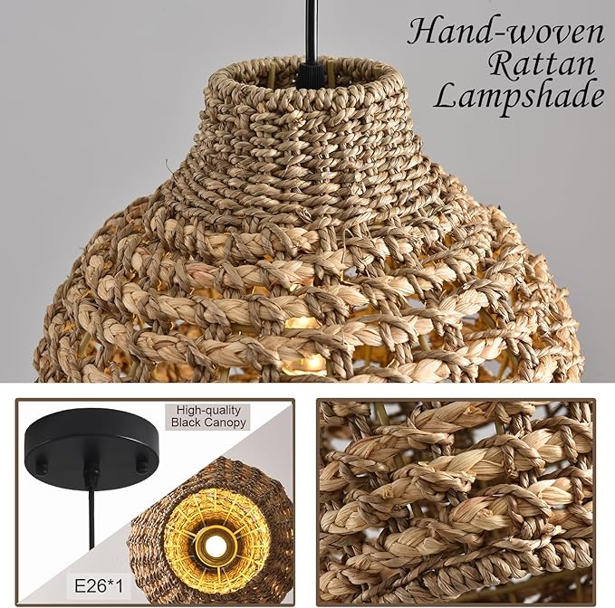 2-Pack Rattan Pendant Light 10.24" Boho Small Hand-Woven Lighting Modern Wicker Coastal Adjustable Rattan Chandelier for Kitchen Island Dining Room Bedroom Restaurant Foyer Farmhouse