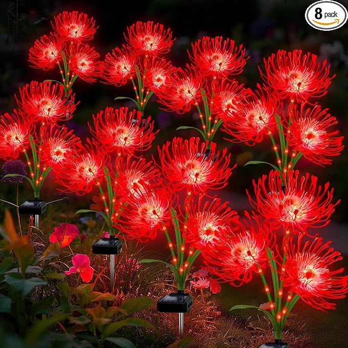 Solar Garden Flower Lights Outdoor, 8 Pack Red Spider Lily with Glowing Stems, Waterproof LED Yard Lawn Pathway Decor, Elegant Patio Garden Decoration, for Mom, Grandma, Women