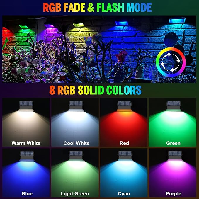 Yivsen Solar Fence Lights, Warm White & RGB Fence Lights Outdoor Step Lights Outdoor Waterproof LED Solar Lighting for Outside, Backyard, Patio, Deck, Stair Handrail, Pool and Wall(12 Pack,Black)