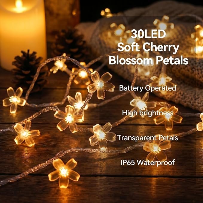 ITICdecor Flower String Lights 15 FT 30 LED Fairy Christmas Lights Battery Operated Indoor&Outdoor Twinkle Lighting Bedroom Decor for Party Wedding Xmas Tree (Warm White)