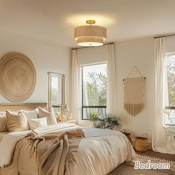 16 Inch Woven Rattan Linen Semi Flush Mount Ceiling Light Fixture, Modern Boho Drum Lamp for Bedroom, Kitchen, Dining Room, Living Room, Hallway, Entryway, Farmhouse Gold Wicker Chandelier