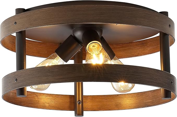JONATHAN Y 16" Dark Brown Wood and Oil Rubbed Bronze 3-Light Iron Flush Mount, Farmhouse Industrial Round Ceiling Light for Kitchen Bedroom Hallway, LED Bulbs Included JYL1305A