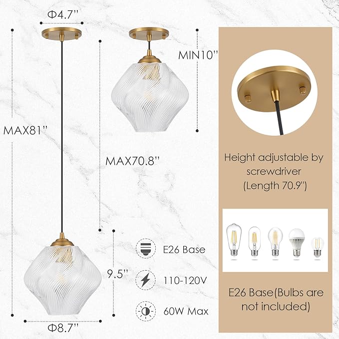 Glass Pendant Light Fixtures, Mid Century Modern Ceiling Hanging Lights with Height Adjustable, Brass Gold Pendant Lighting for Kitchen Island, Hallway, Dining Room, Bedroom (1 Pack)