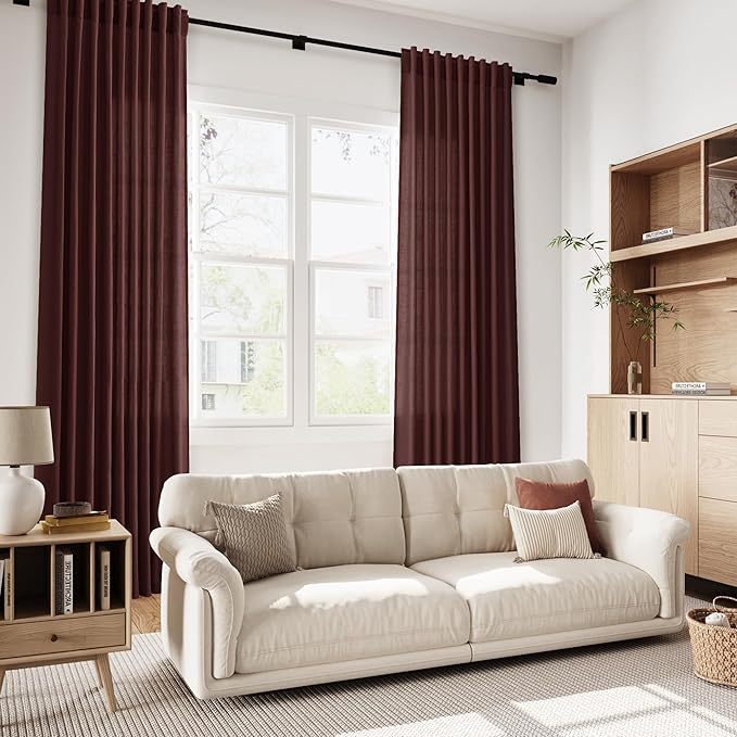 Reddish Brown Linen Curtains 90 Inch Long 2 Panels Set for Bedroom Living Room, Soft Linen Textured Window Drapes Semi Sheer Light Filtering Rod Pocket Back Tab Morden Style 52x90