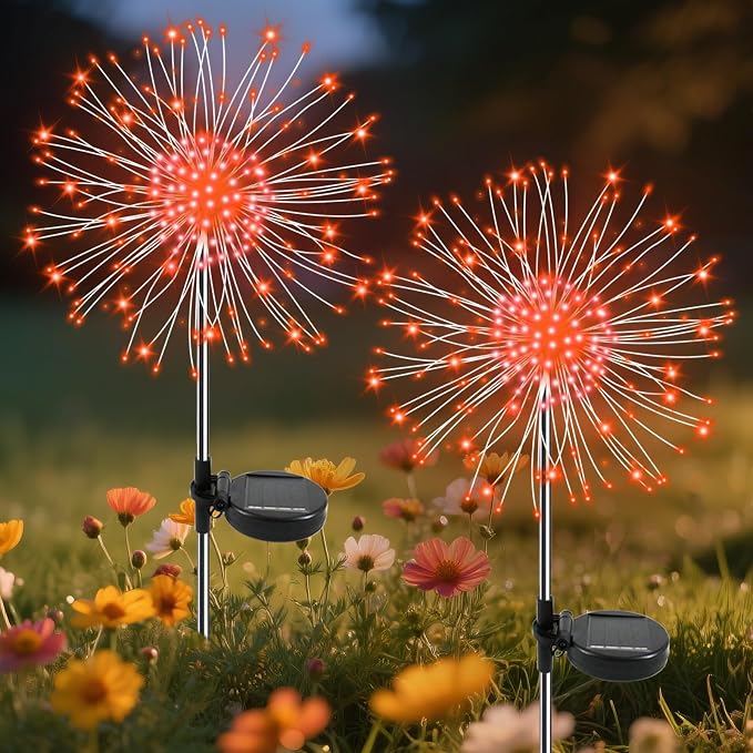 Garden Outdoor Lights, 2 Pack 120 LED Solar Garden Lights Fairy Lights Outdoor Waterproof Decorative Solar Firework Lights for Yard, Patio, Pathway, Flowerbed Party Wedding Decor, Orange