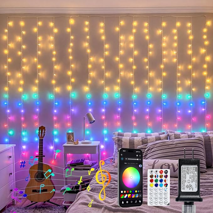 HEYFUNi Smart RGB-IC Curtain Lights - 8.2x6.6ft 280 LED Window Lights with App Control & Music Sync, Warm White & Magic Color Changing Fairy Lights with 2.4G Remote, DIY Modes for Bedroom Party
