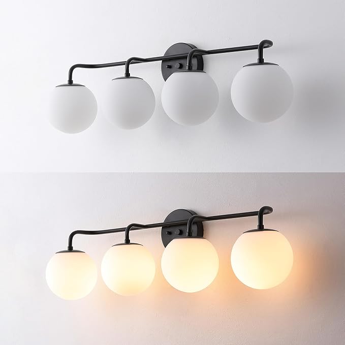 JONATHAN Y 31" Black Modern Globe Wall Sconce Vanity Light for Bathroom, White Frosted Glass Shade, Midcentury Parisian Bistro Wall Lamp, LED Bulb Included (JYL3558B)