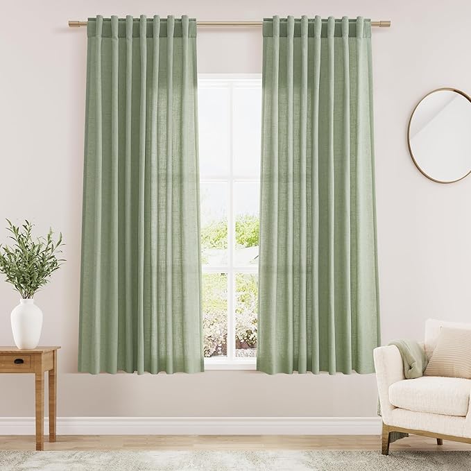 Light Sage Linen Curtains for Living Room 63 Inches Long 2 Panel Set Light Filtering Linen Drapes for Kitchen Windows Rod Pocket Back Tab Short See Through Curtain Country Farmhouse Decor 52x63